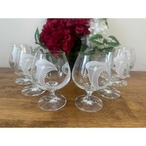 Vintage Bohemia Crystal Brandy Cognac Glasses Floral Calla Lily Cut Set
